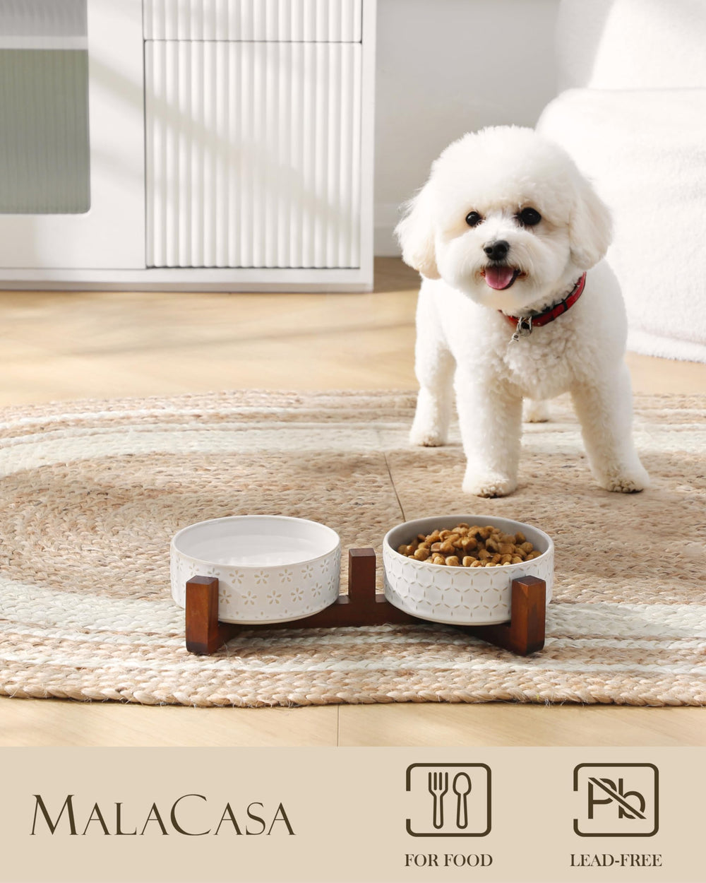MALACASA walnut wood stand elevates pet dining height