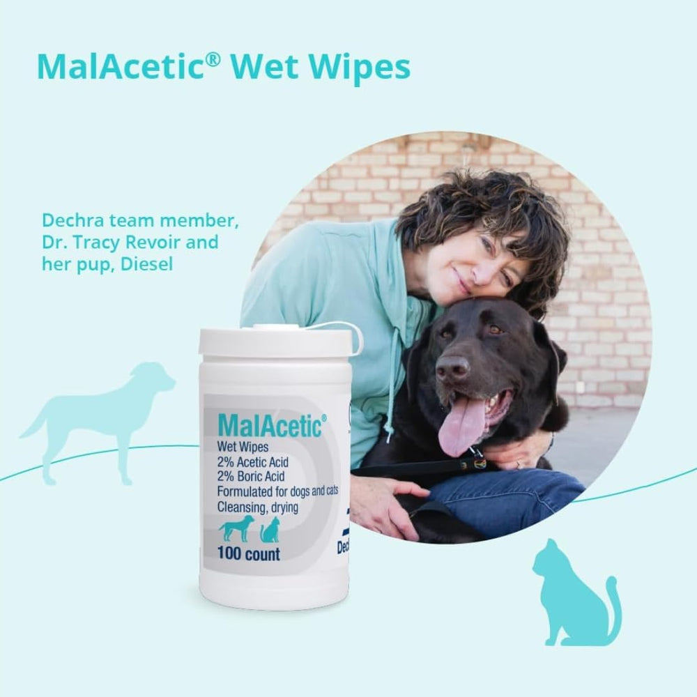 MalAcetic Wet Wipes Dry Bath resealable canister keeps wipes moist for everyday grooming.