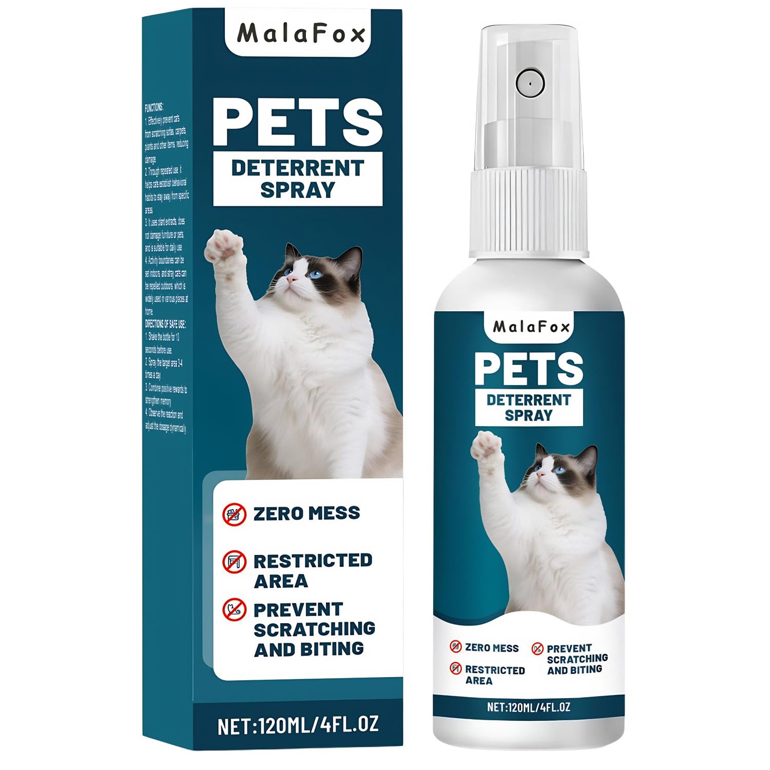 MalaFox O Cat Deterrent Spray bottle shows alcohol-free protection for furniture