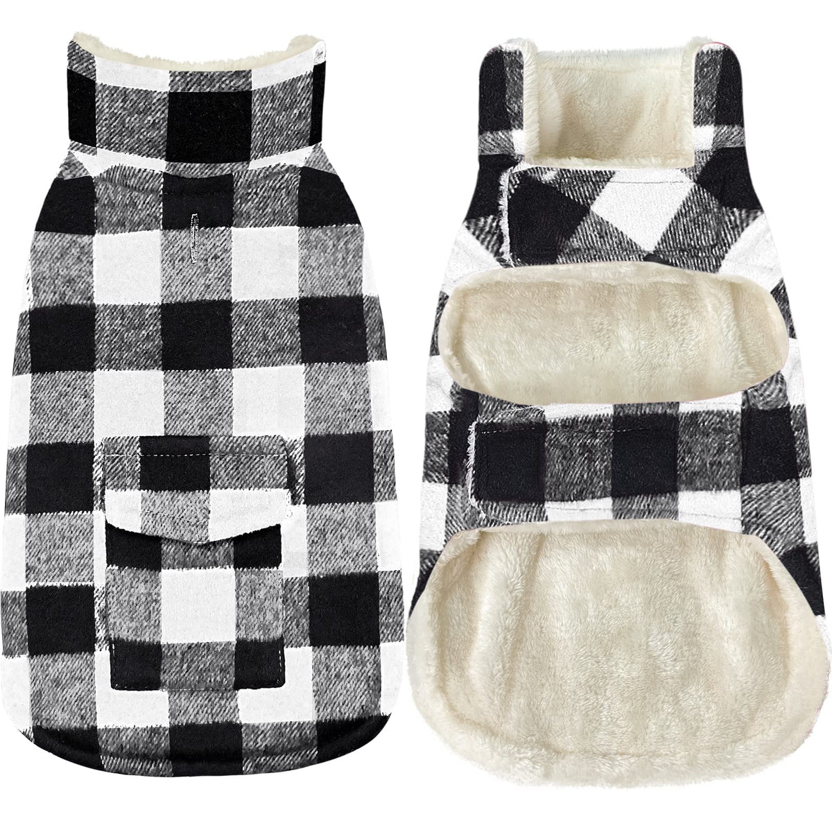Malier Classic Plaid Fleece Dog Coat, front view, provides warm windproof protection.