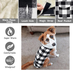 Malier Classic Plaid Fleece Dog Coat leash-hole closeup demonstrates easy control.