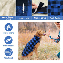 Malier Classic Plaid Fleece Dog Jacket blue belly-strap secures easy on/off for daily outings
