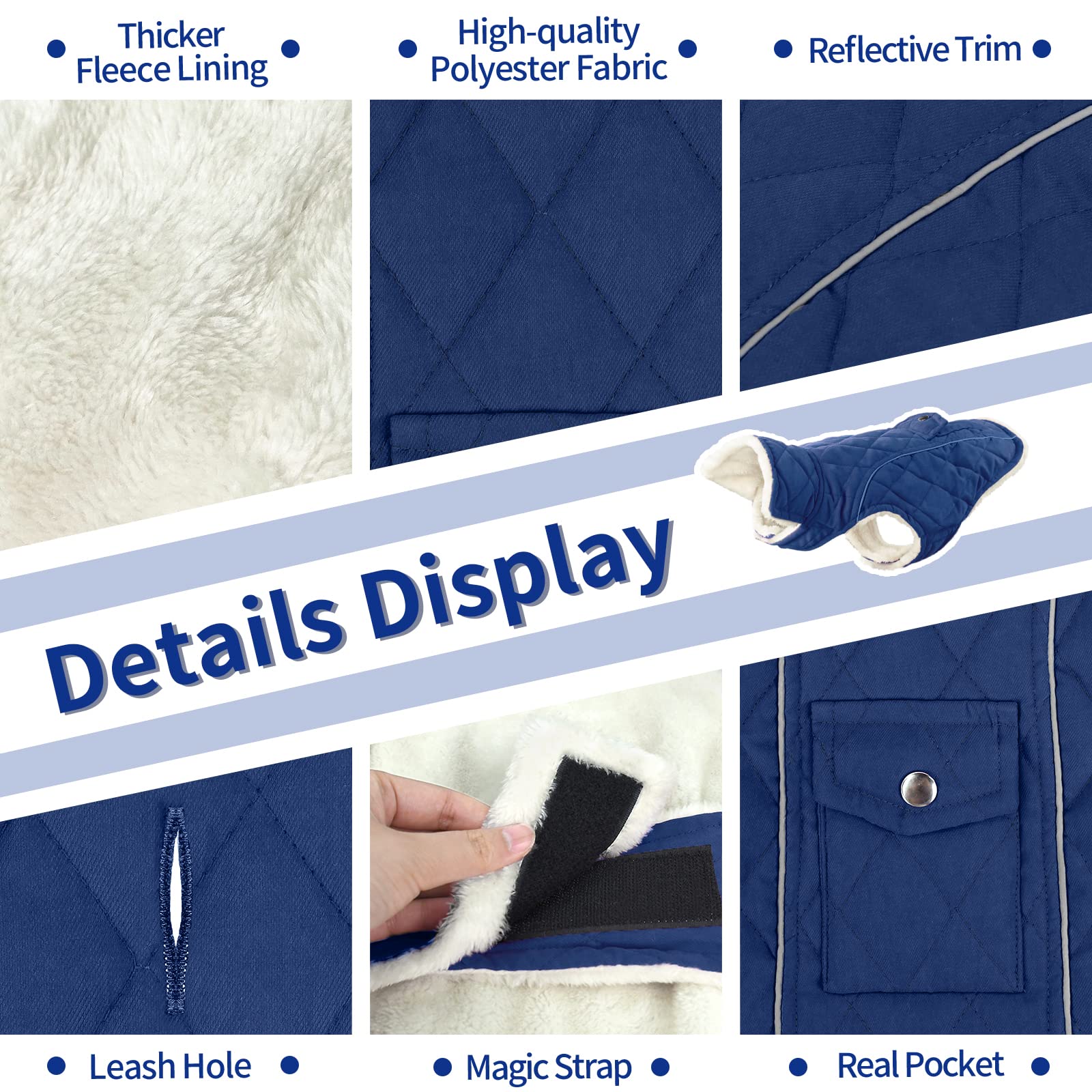 Malier blue dog coat features easy-on-off belly strap for quick dressing.