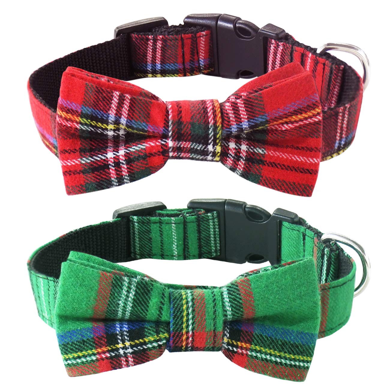 Malier dog-collar-bow-tie-christmas-plaid closeup shows festive style for photos and parties