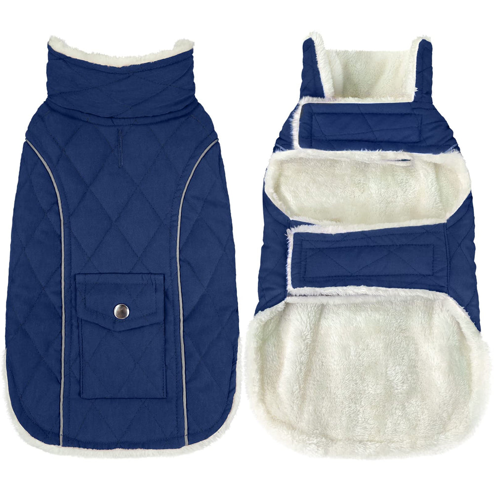 Malier dog winter coat blue large back pocket for secure warmth.