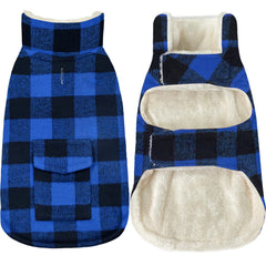 Malier dog winter coat plaid back pocket detail for convenient storage on walks.
