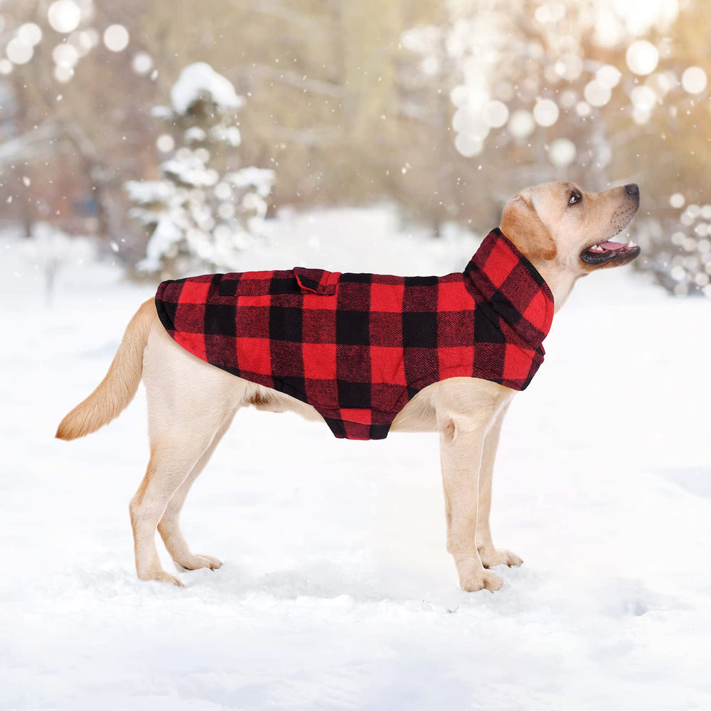 Malier dog winter coat plaid red with leash hole for easy walks