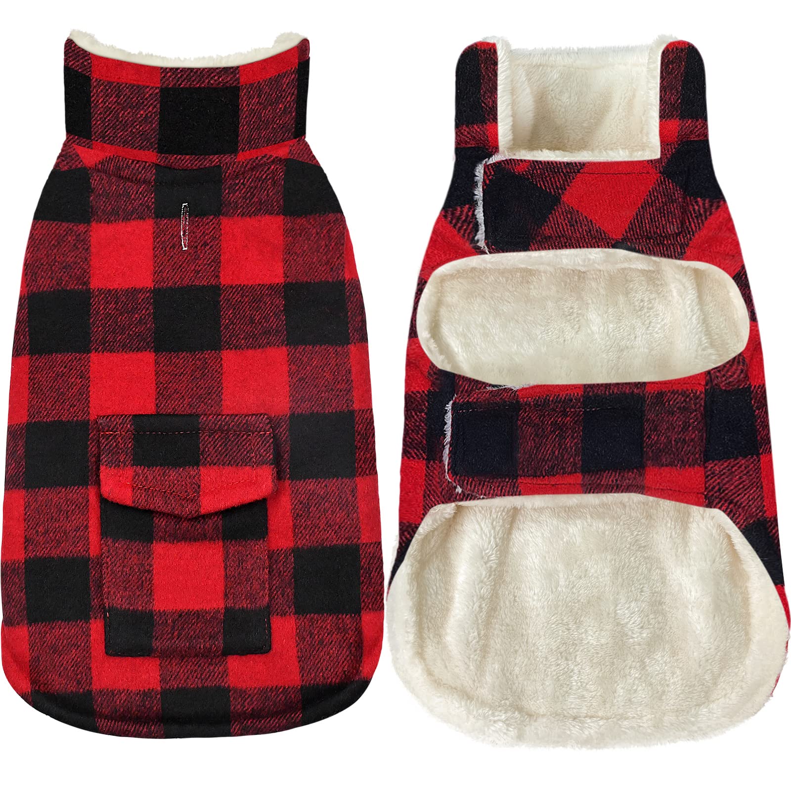 Malier plaid dog coat with pocket in red for warmth on walks