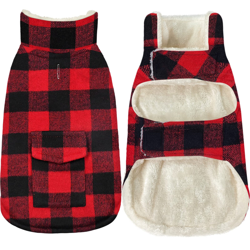 Malier plaid dog coat with pocket in red for warmth on walks