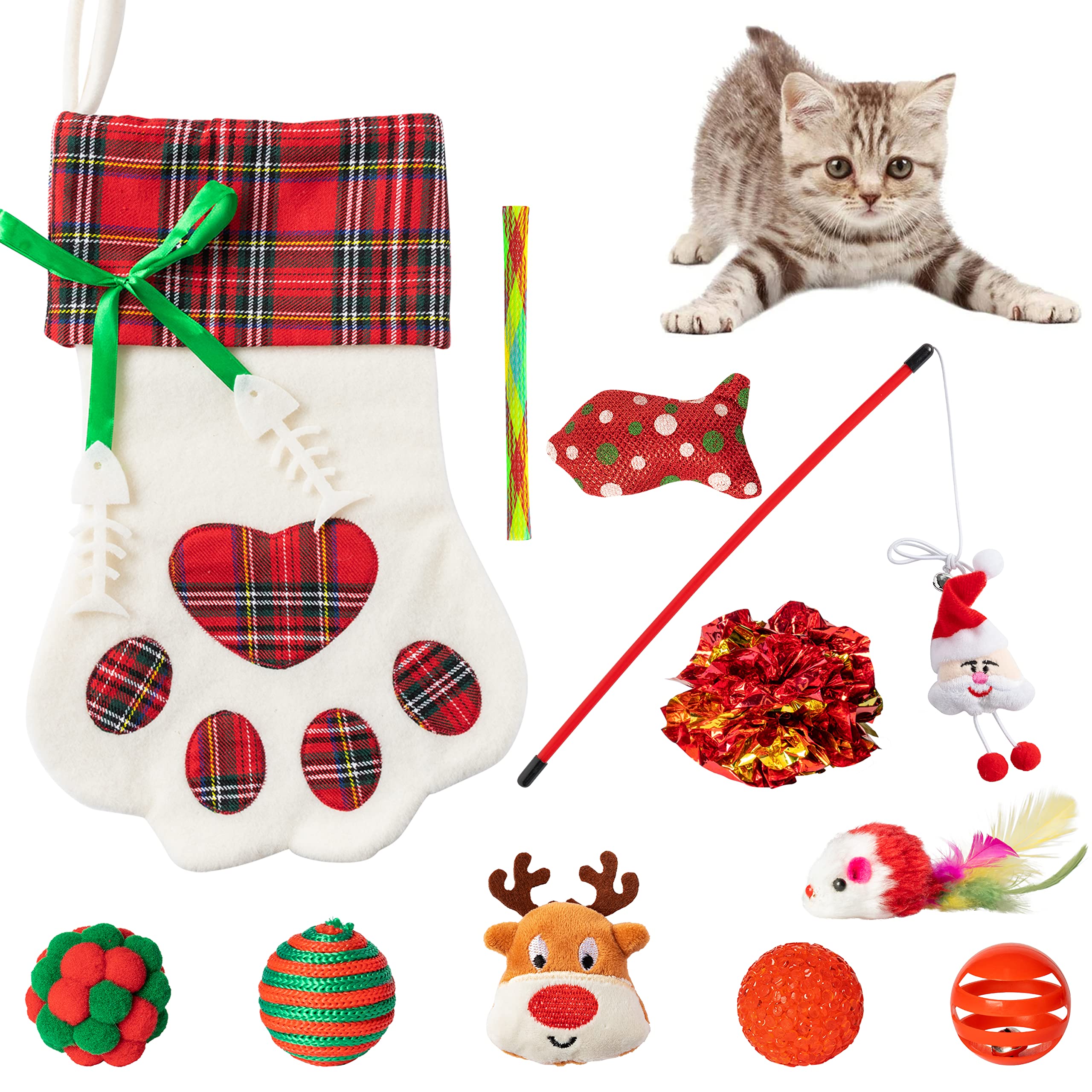 MALLMALL6 Christmas cat stockings toys set provides festive enrichment for indoor cats.