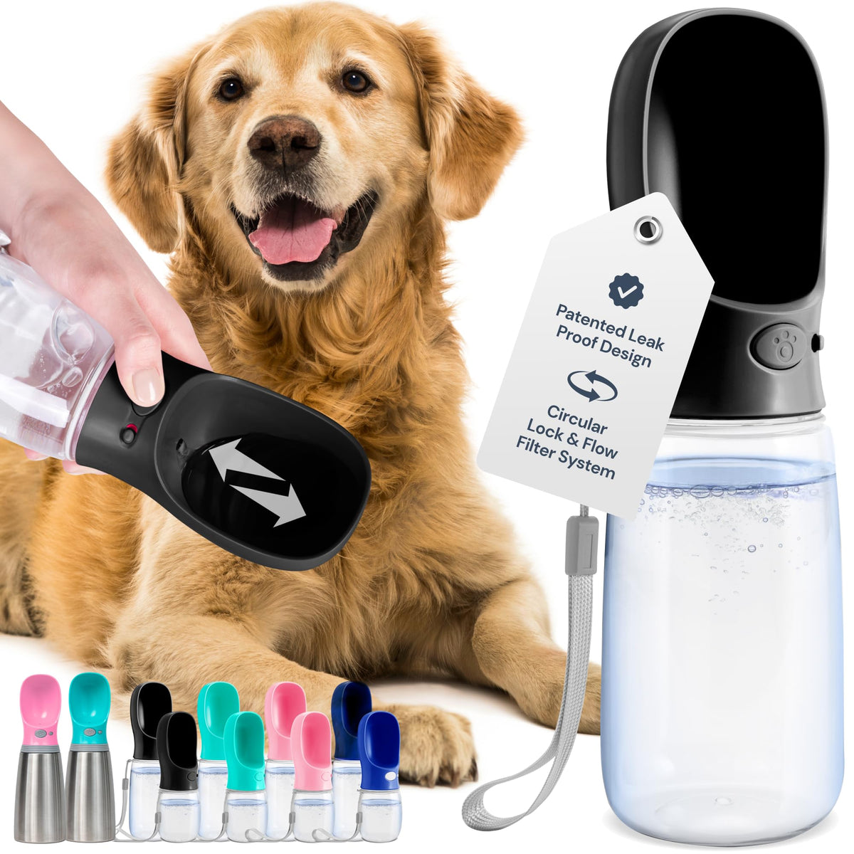 MalsiPree dog water bottle 19oz black for on-the-go hydration during walks.