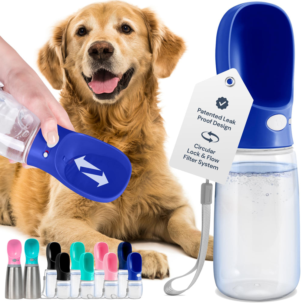 MalsiPree dog water bottle 19oz navy keeps your pup hydrated on adventures.