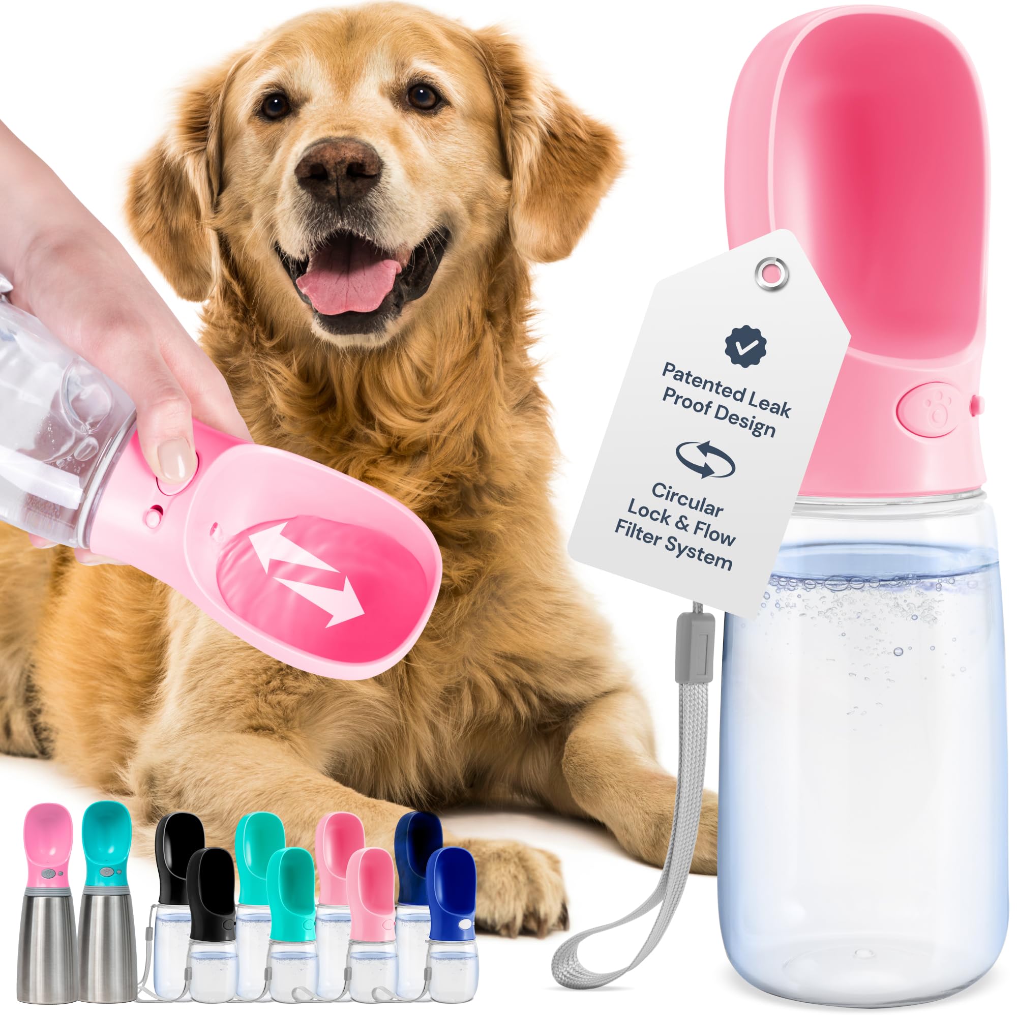 MalsiPree leak-proof dog water bottle with pink bowl for on-the-go hydration