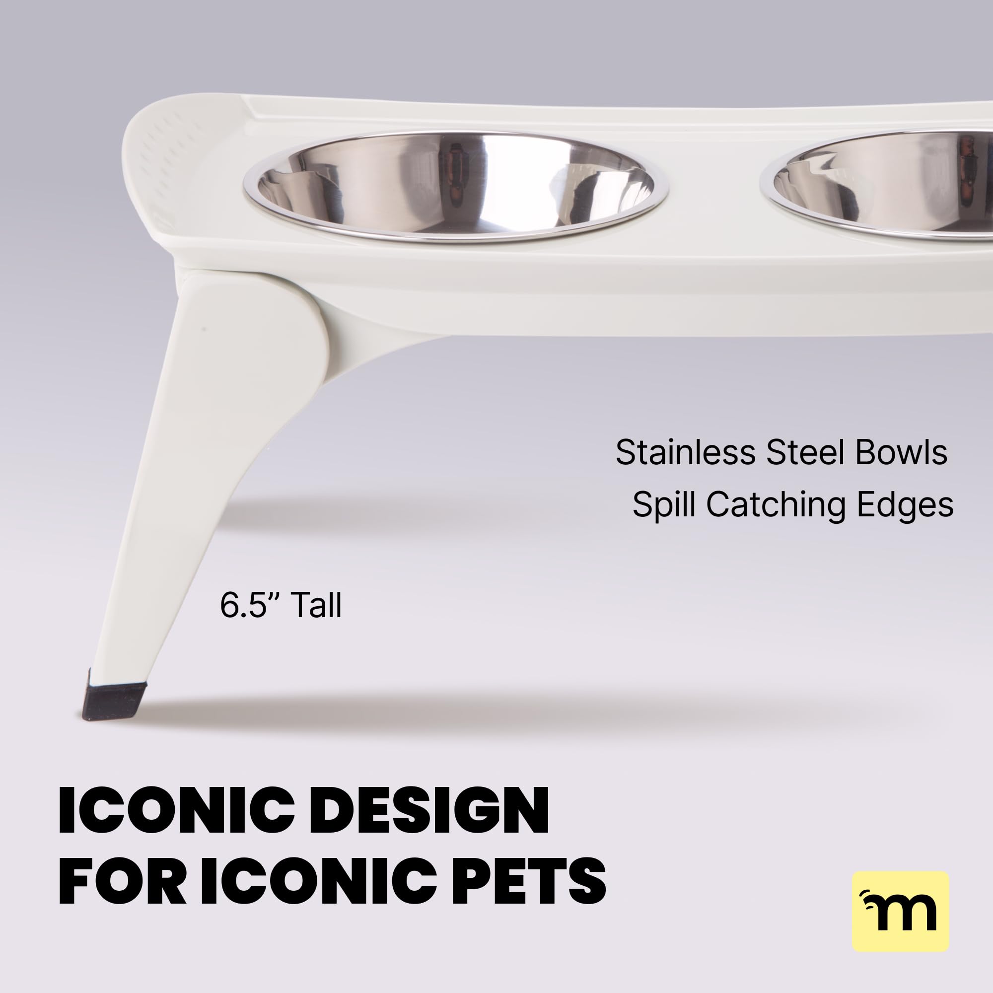 MalsiPree stand includes two stainless steel bowls, dishwasher-safe and easy to clean.