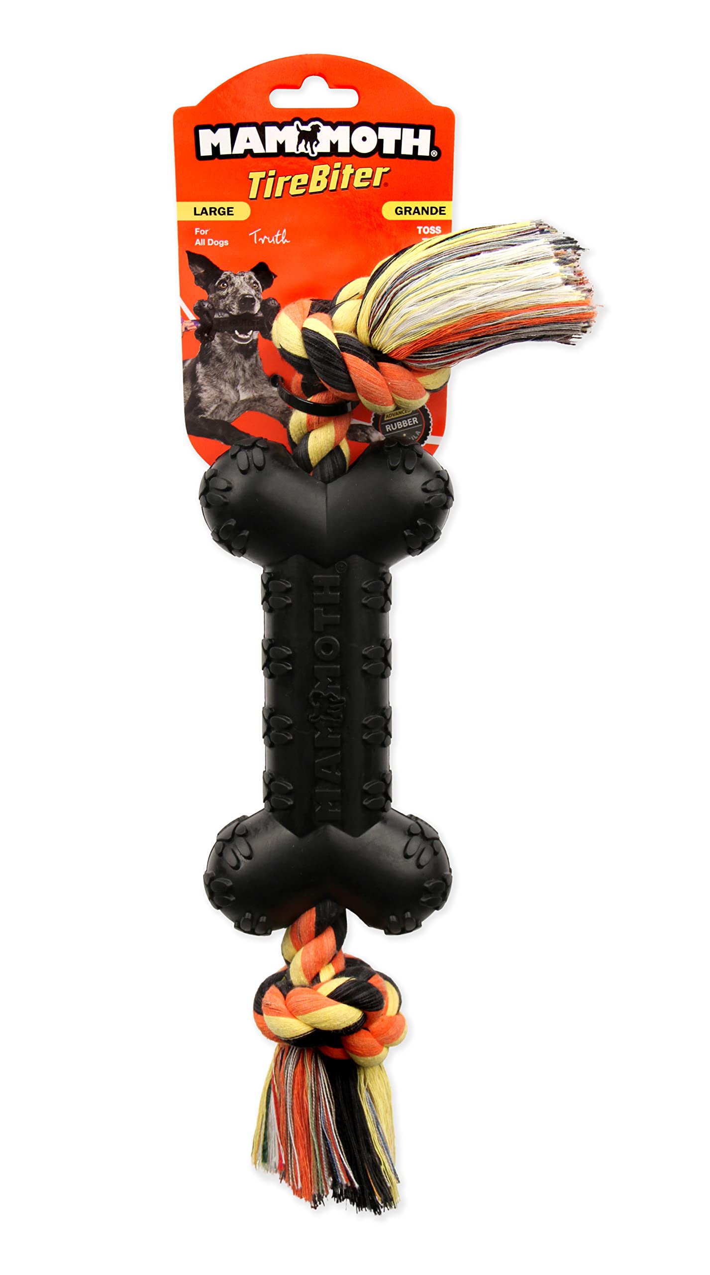 Mammoth TireBiterII E rough textured surface supports grip during fetch and tug sessions.