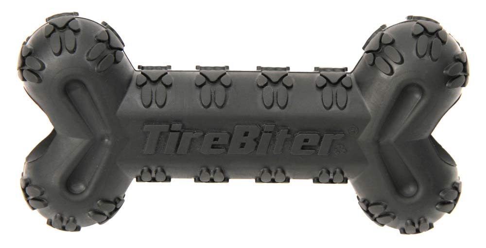 Mammoth TireBiterII bone with treat-station closeup showing rugged natural rubber for tough chewers