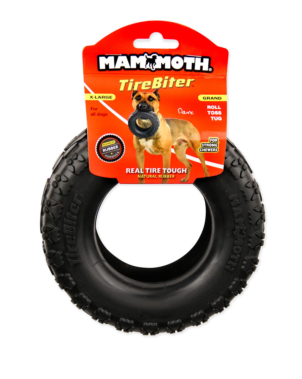 Mammoth TireBiterII extreme chewer natural rubber toy demonstrates durability for powerful chewers.