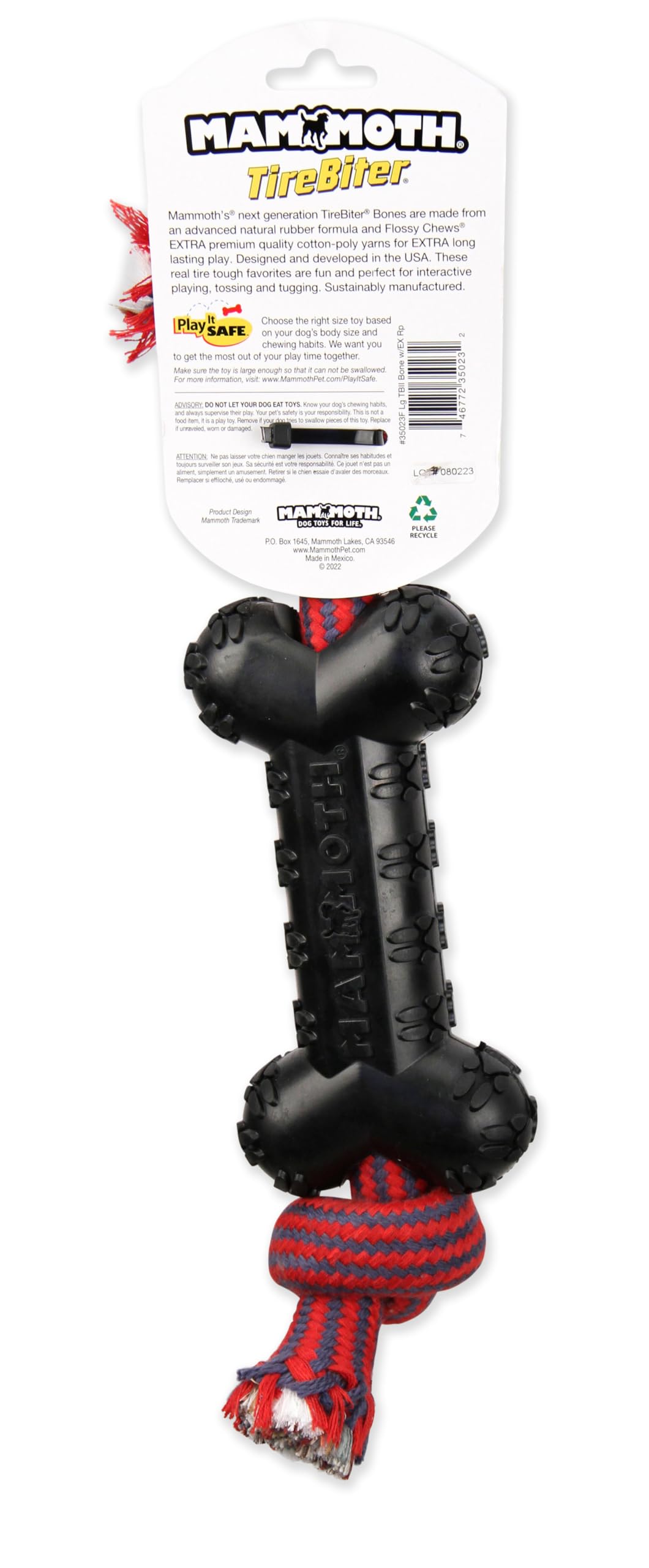 Mammoth TireBiterII interactive toy supports solo play and fetch for big dogs.