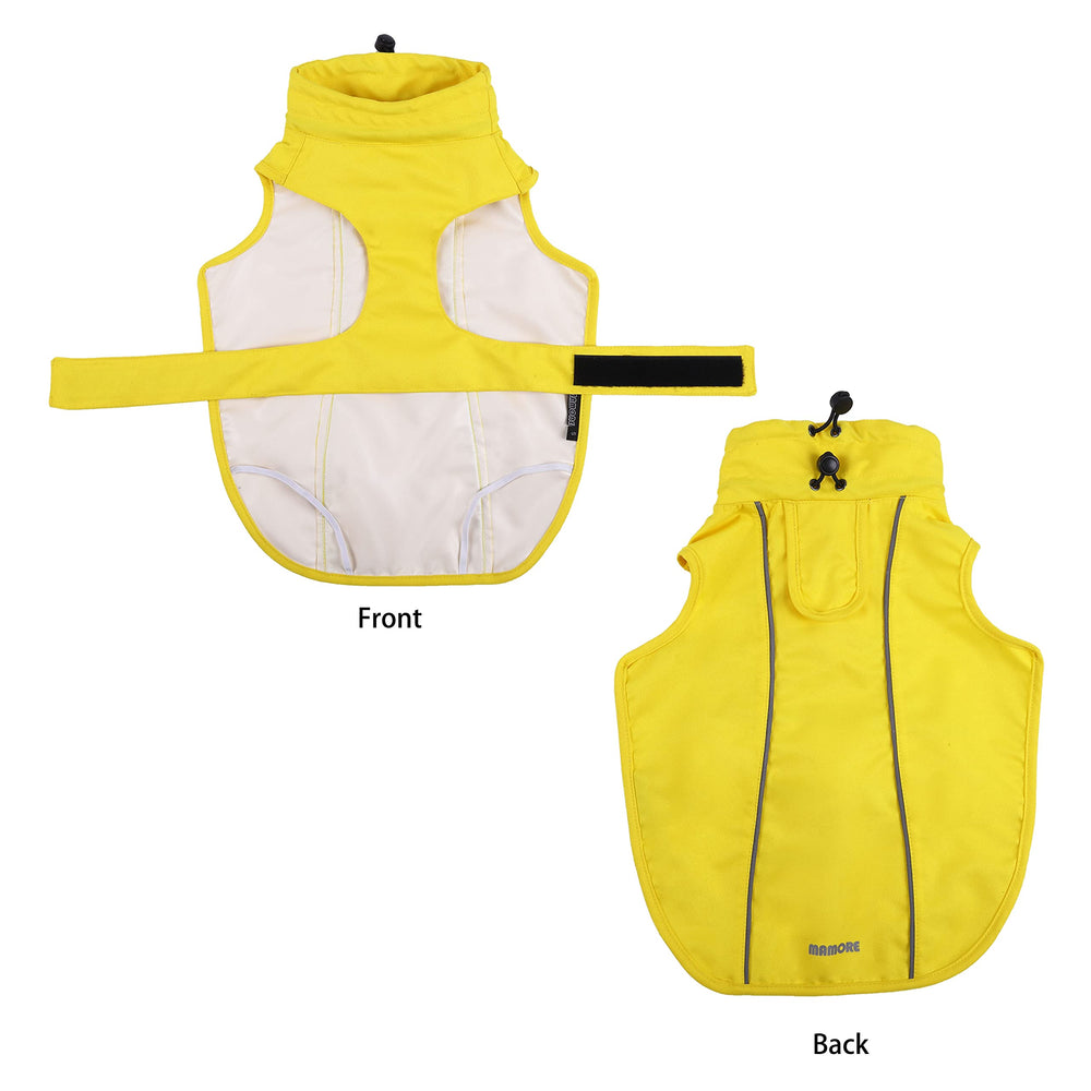 MAMORE raincoat side view showing adjustable waist and secure leg elastic