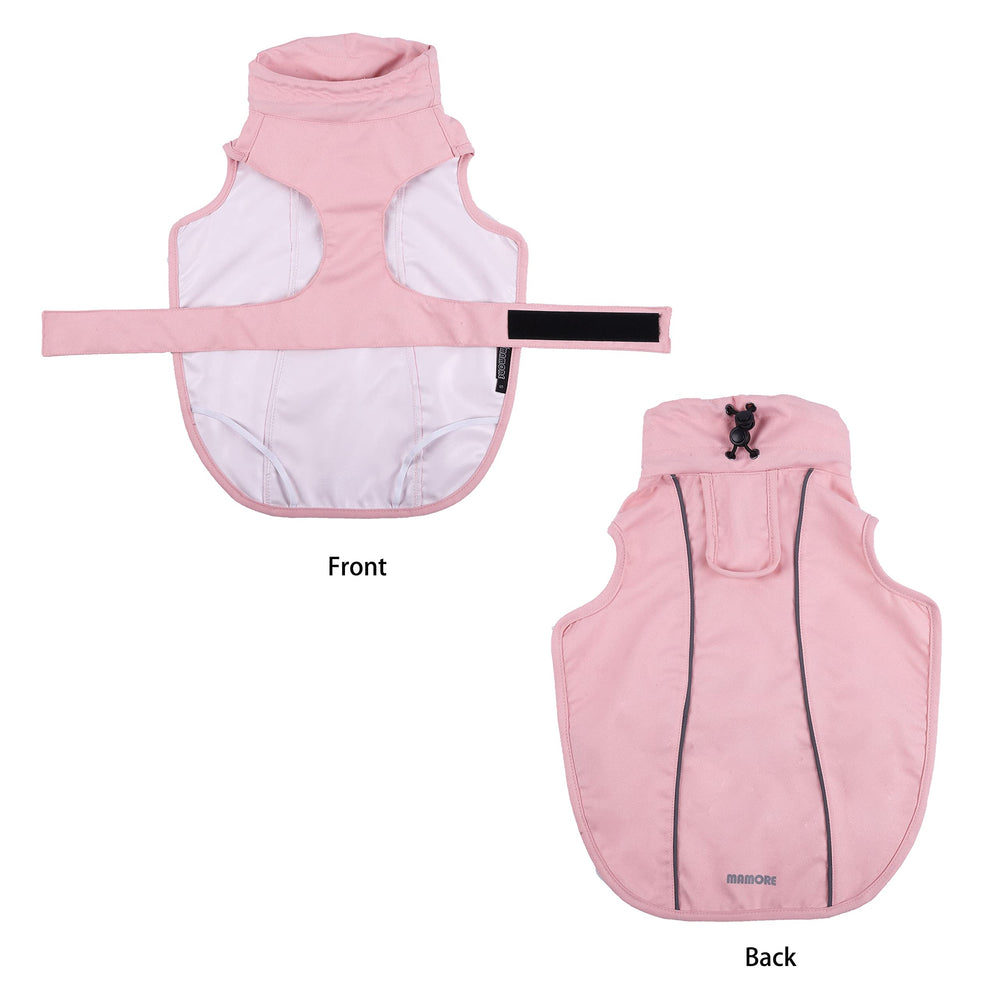 Mamore adjustable waterproof dog raincoat back view with reflective strip for nighttime safety.