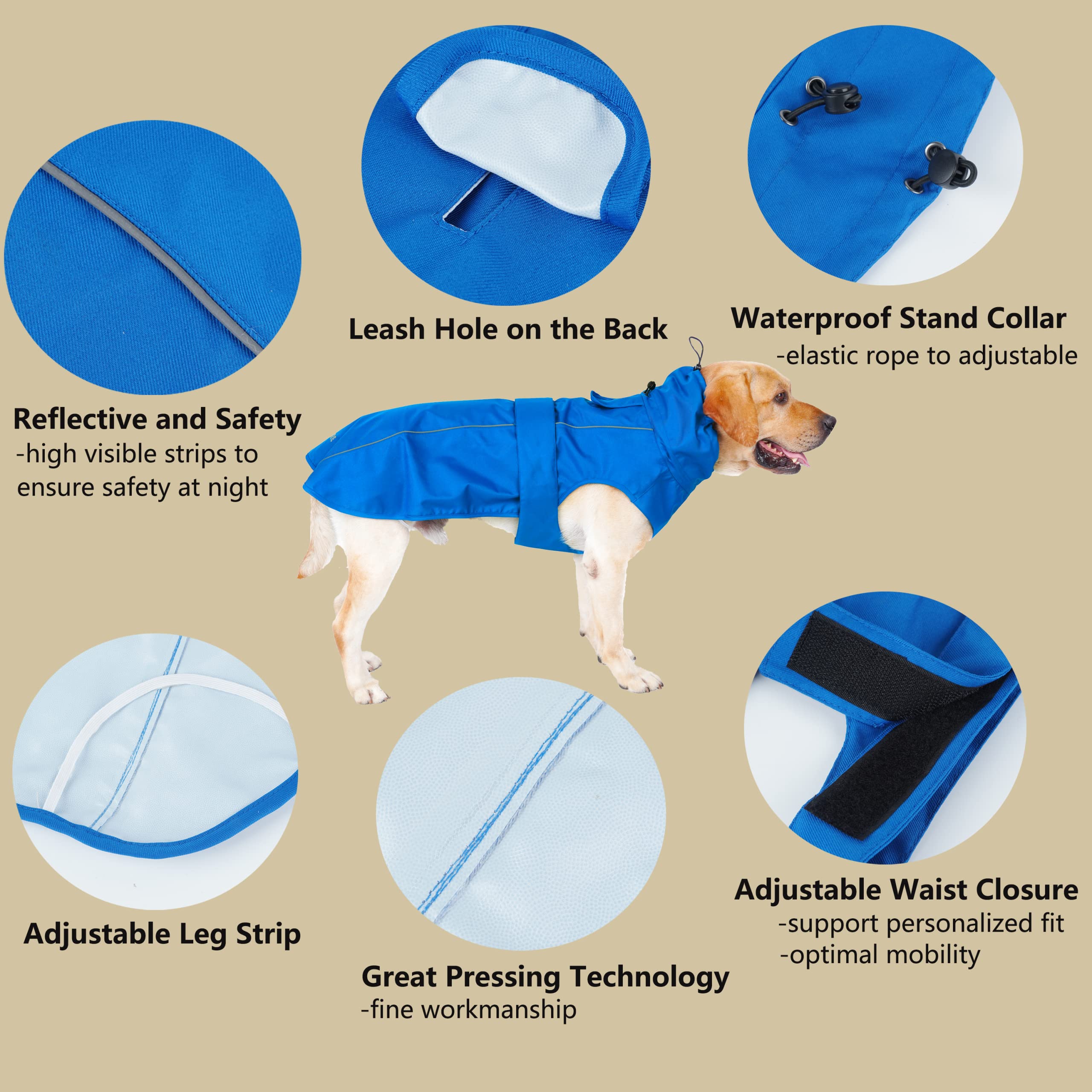 Mamore raincoat back-hole design enables simple leash or harness attachment