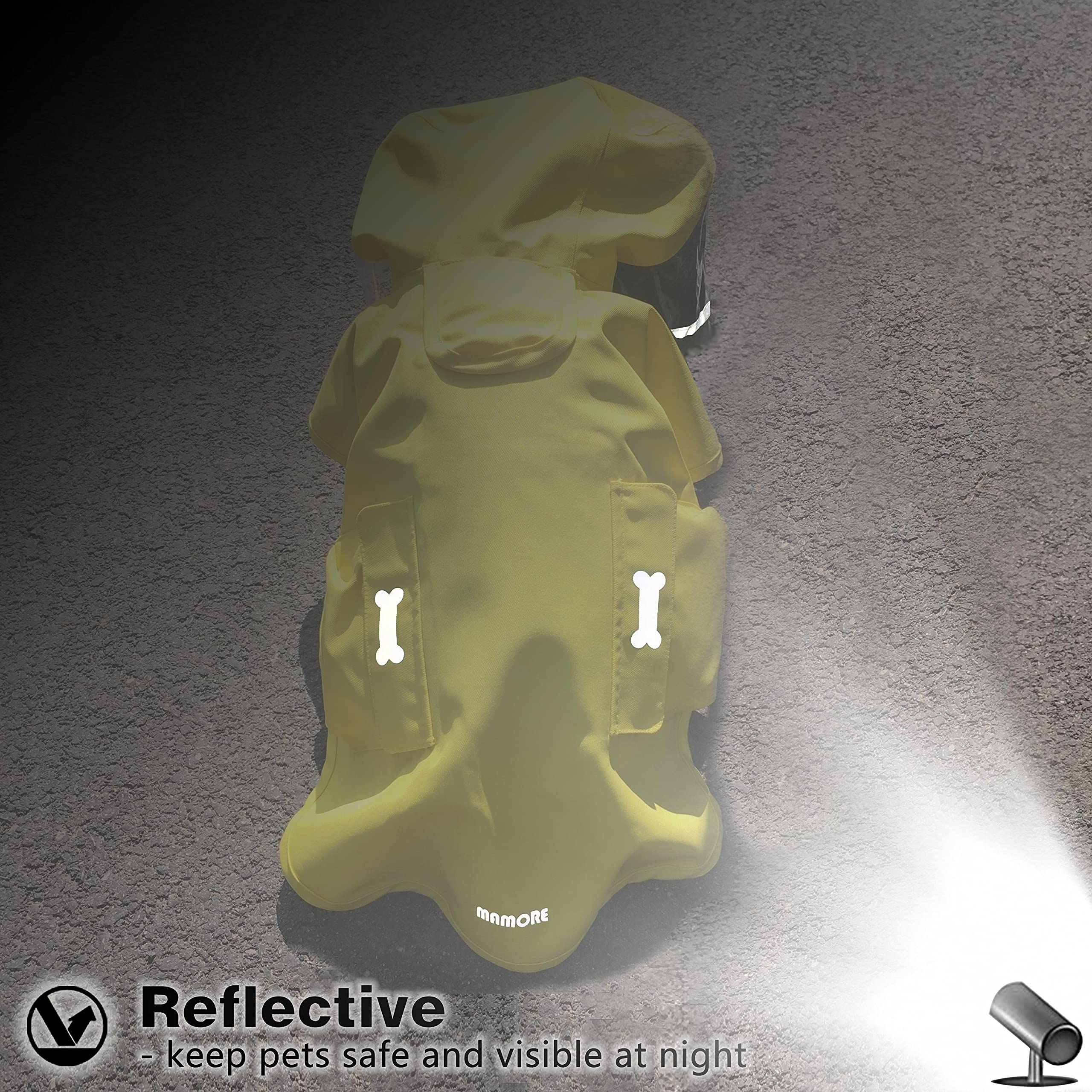 Mamore transparent hood keeps a dog's head dry during showers