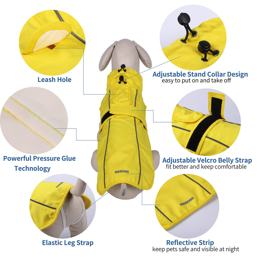 Mamore raincoat back leash hole enables quick harness and leash attachment.