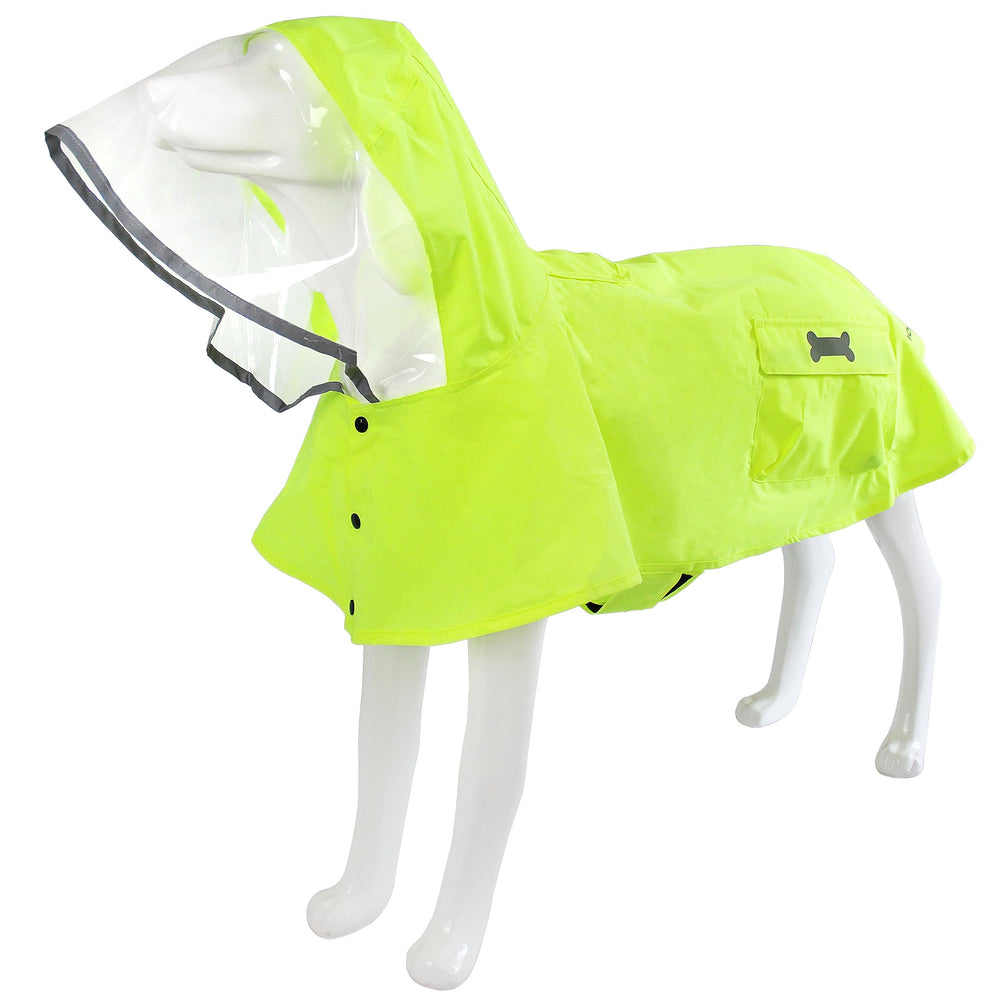 Mamore dog raincoat poncho hoodie in fluorescent green keeps dogs dry during drizzle