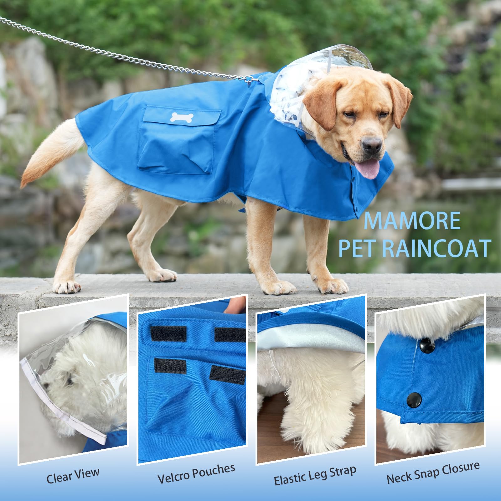 MAMORE dog raincoat adjustable belly strap demonstrates secure fit