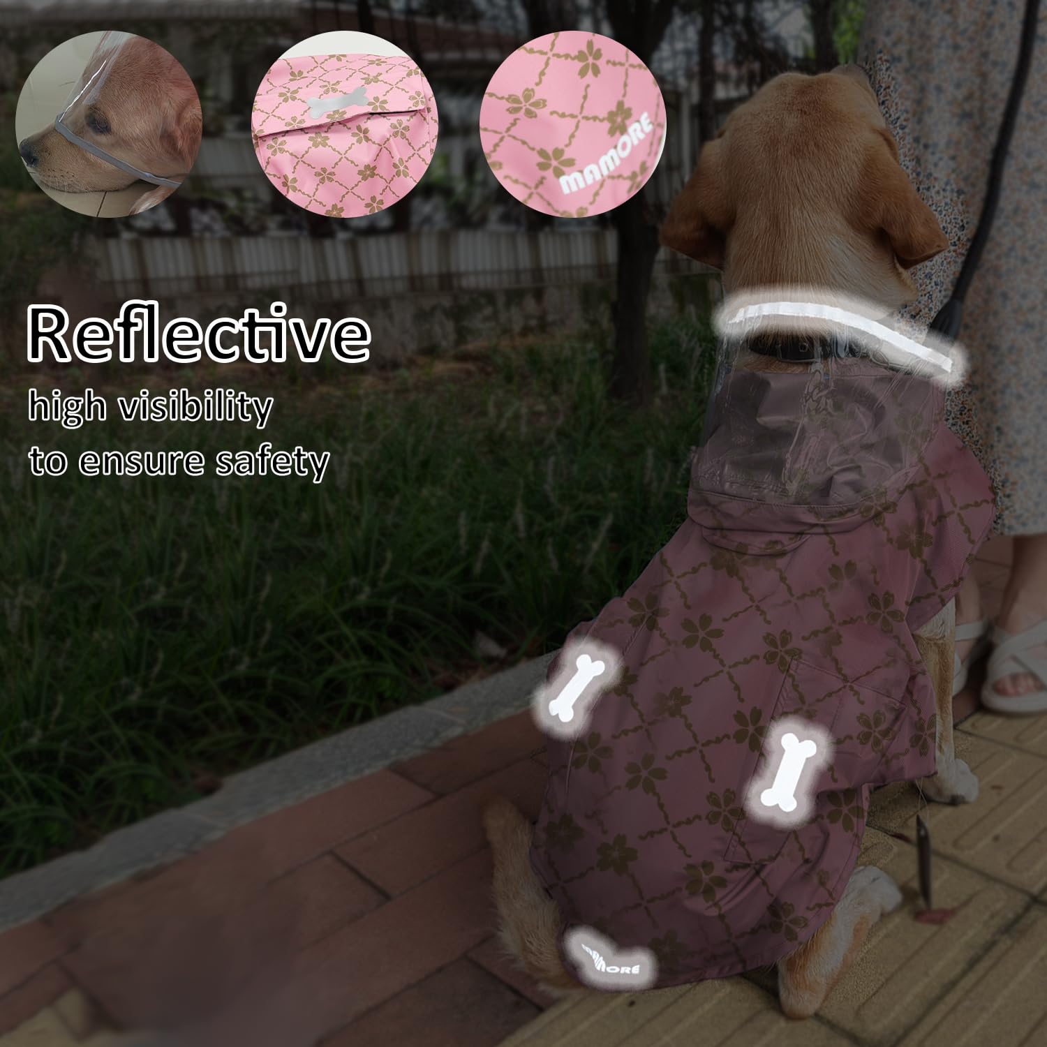 MAMORE adjustable belly strap shows secure fit across different dog shapes.