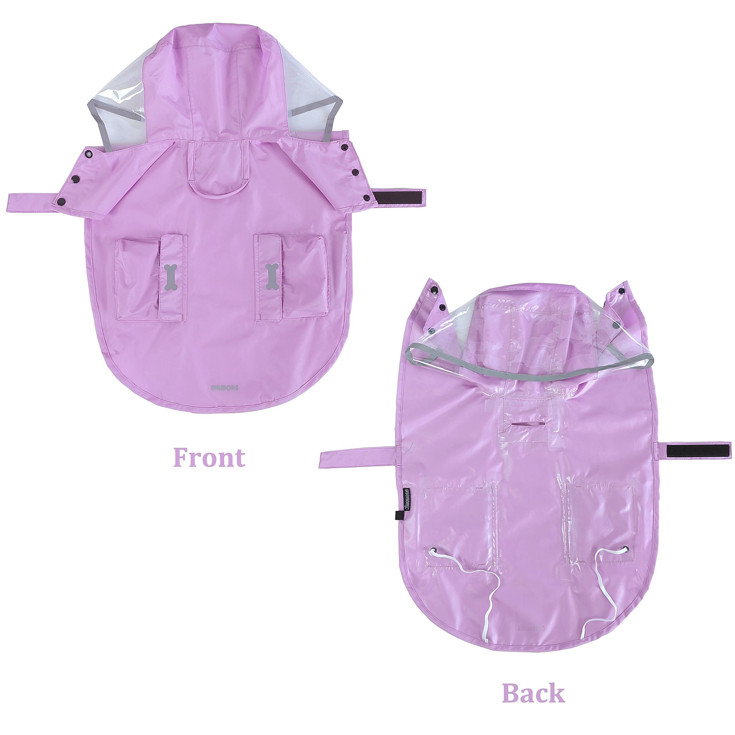MAMORE dog raincoat back view shows bright reflective strips for high visibility.