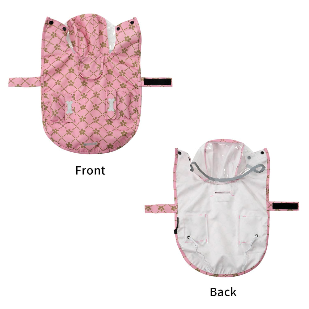 MAMORE waterproof dog raincoat back view emphasizes reflective back strip for enhanced visibility during strolls.
