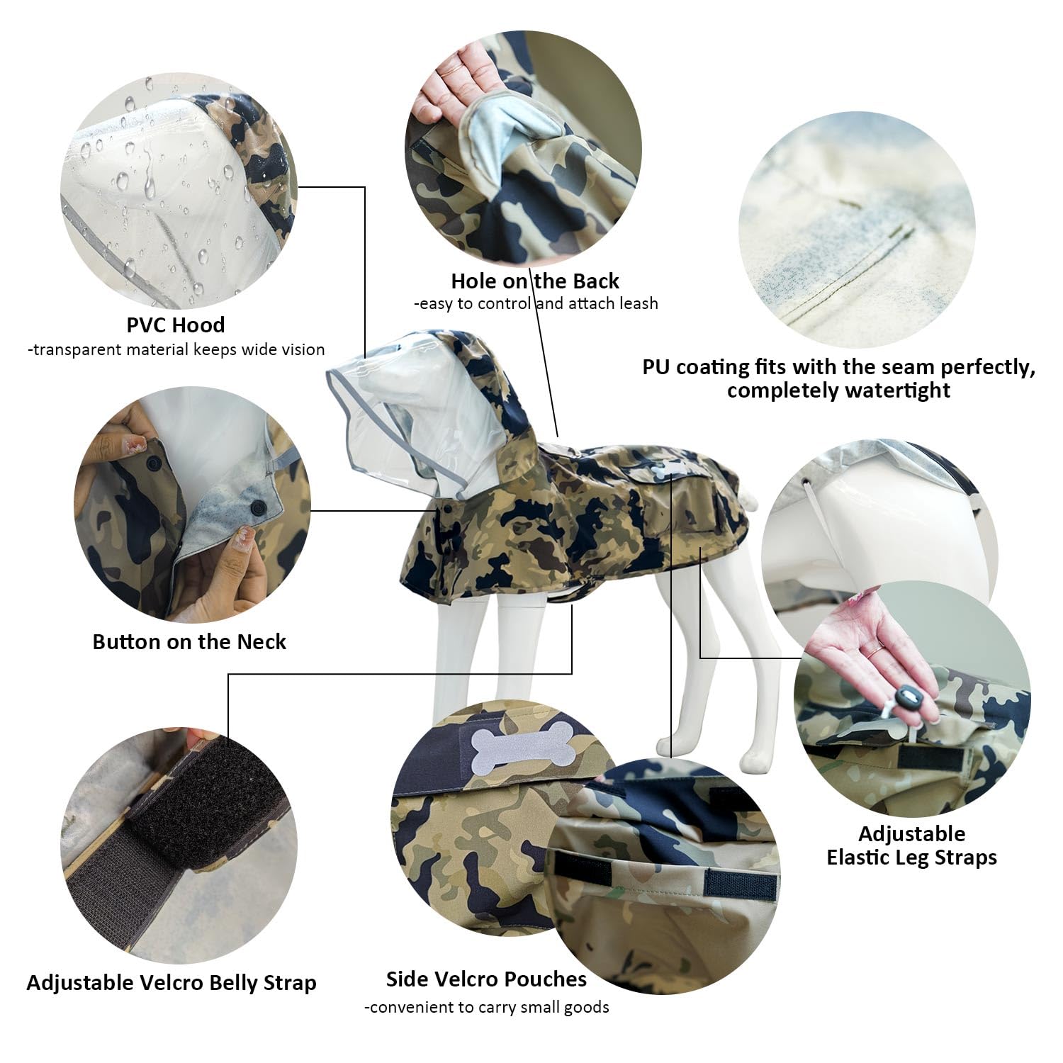 MAMORE waterproof dog raincoat camo belly strap for secure fit.