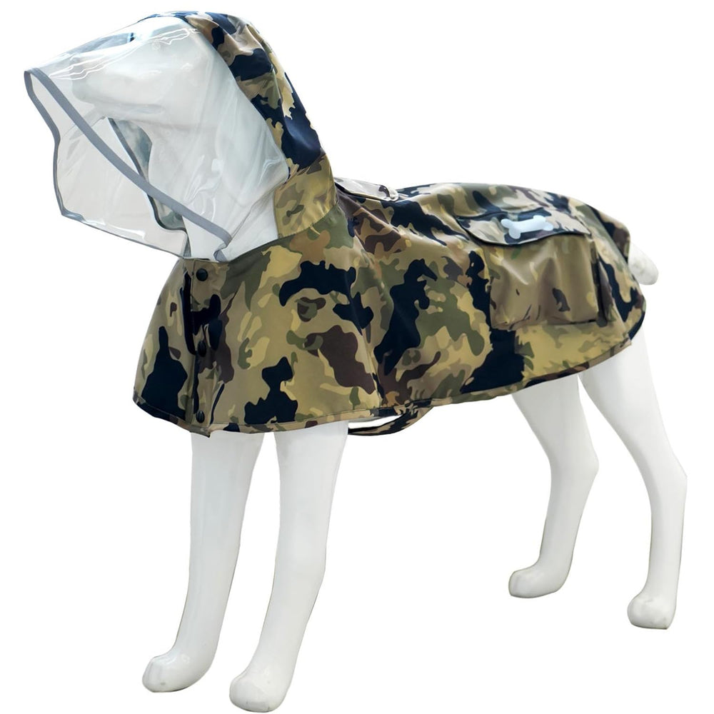 MAMORE waterproof dog raincoat camo front view keeps your dog dry on rainy walks.
