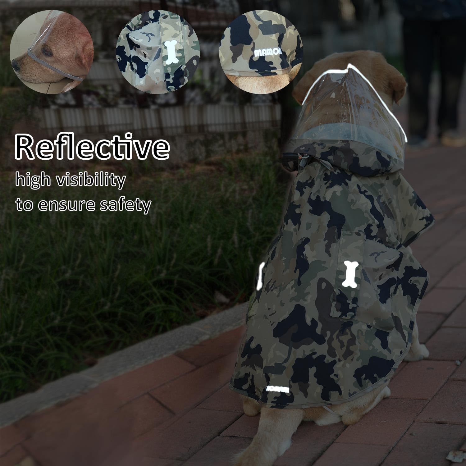 MAMORE waterproof dog raincoat camo leg elastic ensures comfortable movement.