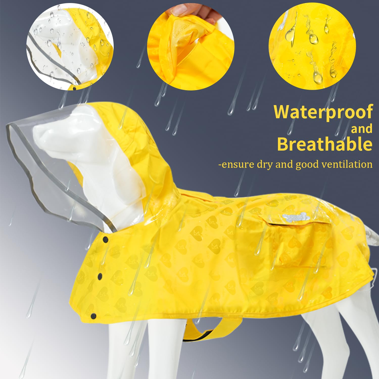 Mamore dog raincoat elastic leg openings for comfort.