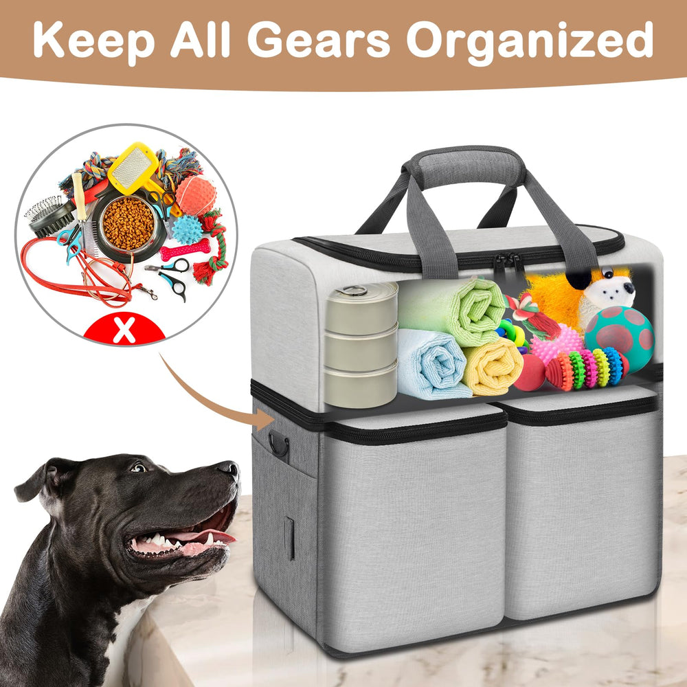 Mancro collapsible dog bowls with carabiners attached to the travel bag