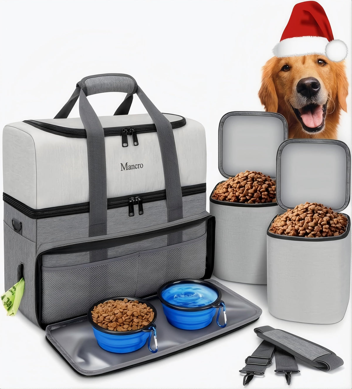 Mancro dual-layer dog travel bag front view showing organized compartments for toys and gear