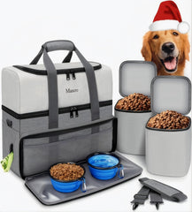 Mancro dual-layer dog travel bag front view showing organized compartments for toys and gear