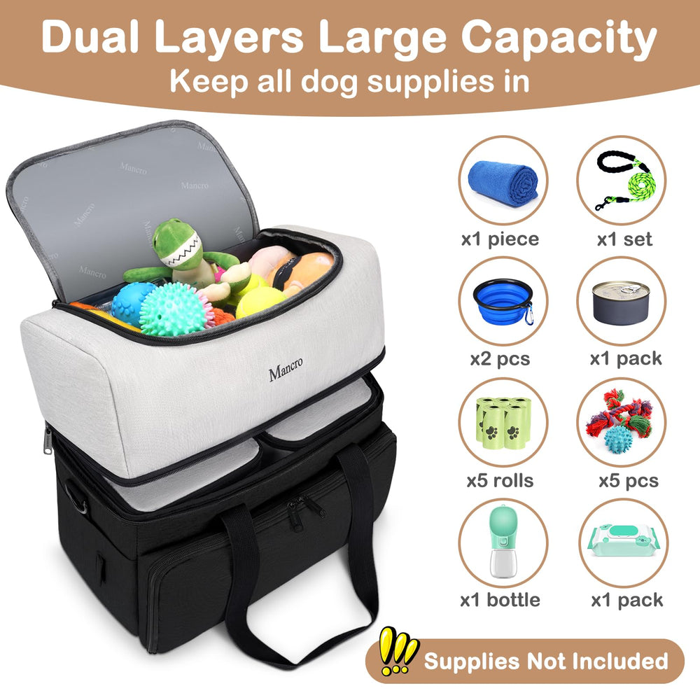 Mancro dual layers dog travel bag bottom layer with two large food containers for easy meals on trips.