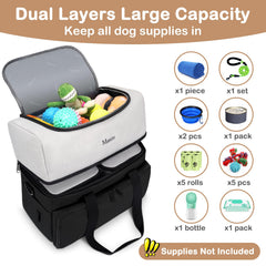 Mancro dual layers dog travel bag bottom layer with two large food containers for easy meals on trips.