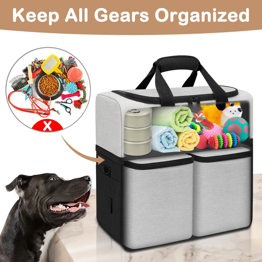 Mancro dual layers dog travel bag front pocket unfolded as feeding mat for meals.