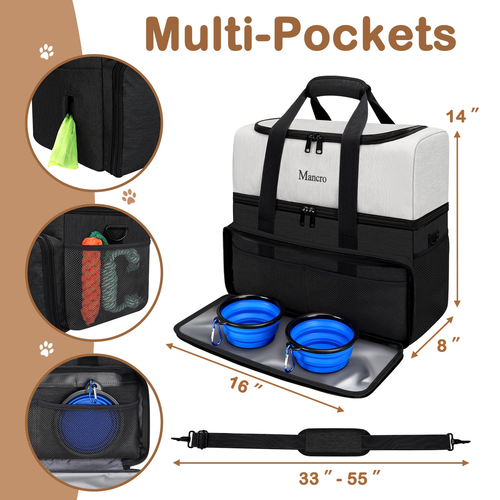 Mancro dual layers dog travel bag side pockets for bottles and toys.