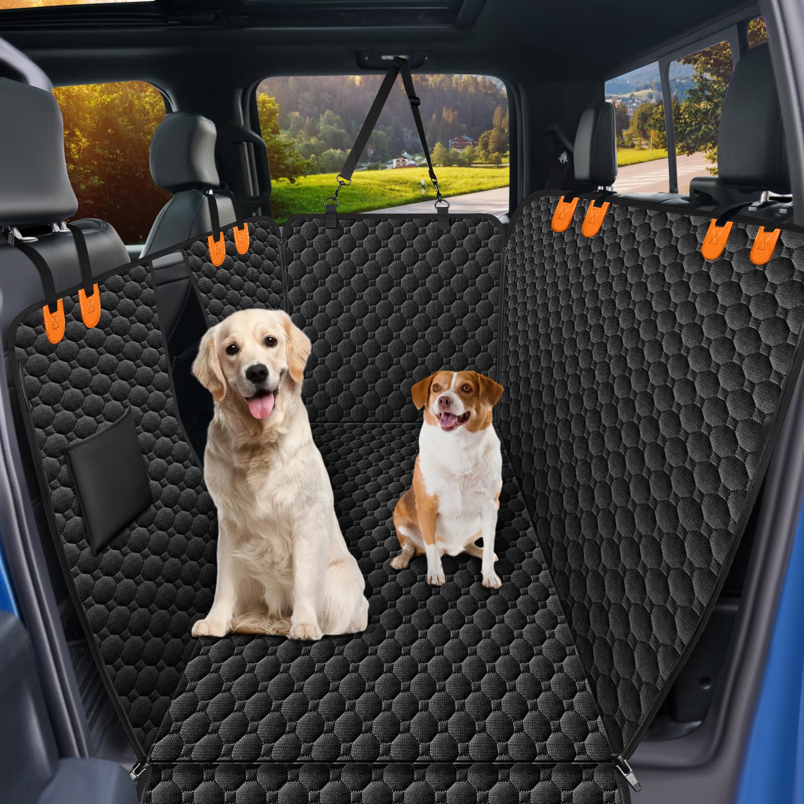 Mancro floor dog hammock in orange protecting truck back seat for full coverage
