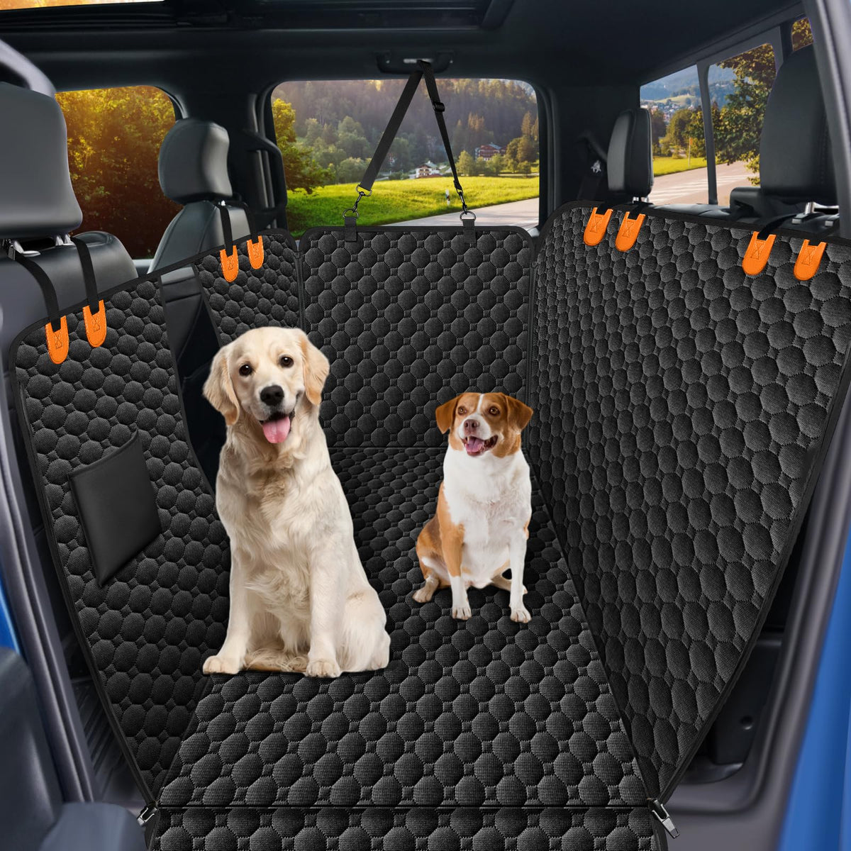 Mancro floor dog hammock in orange protecting truck back seat for full coverage