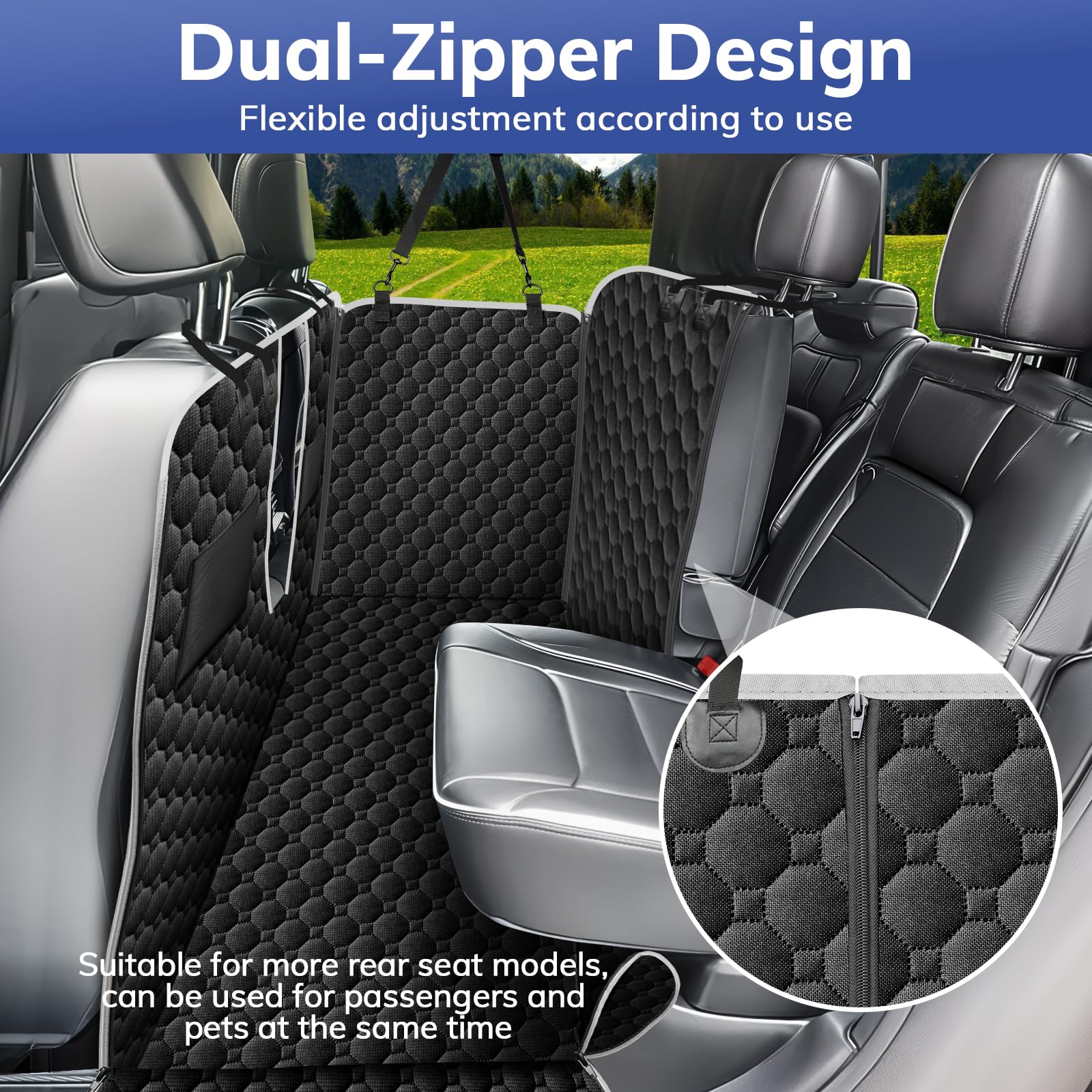 Mancro truck back seat cover with zipper side flap shields doors from claw marks.