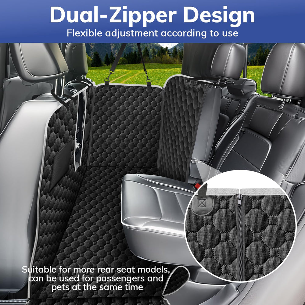 Mancro truck back seat cover with zipper side flap shields doors from claw marks.