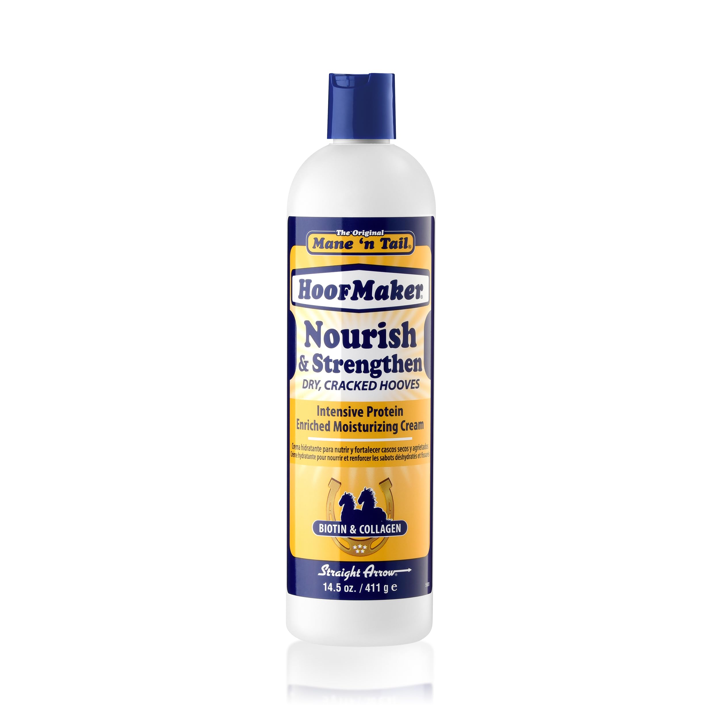 Mane 'n Tail Hoofmaker Hand & Nail Therapy bottle shows fragrance-free hydration for dry hooves and nails.