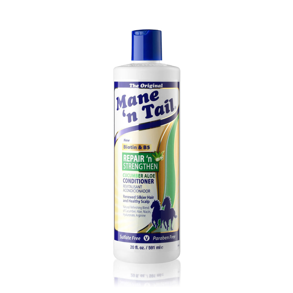 Mane 'n Tail Repair 'n Strengthen label ingredients scene highlighting biotin and hyaluronate