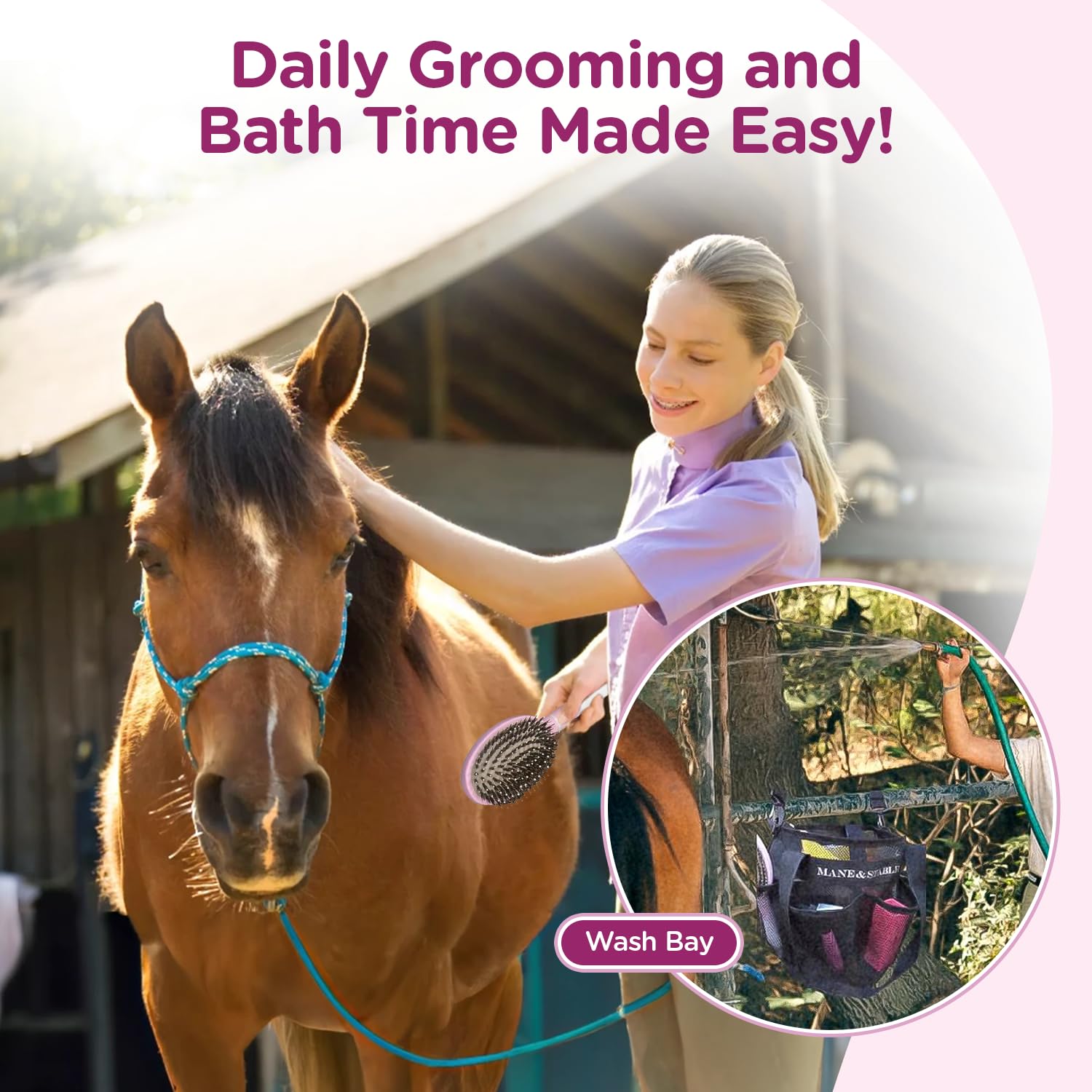 MANE & STABLE adjustable shoulder strap enables easy transport from barn to trailer.